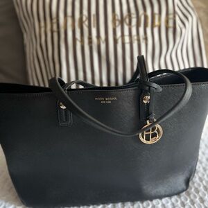 Henri Bendel Black Leather Tote with Gold Charm